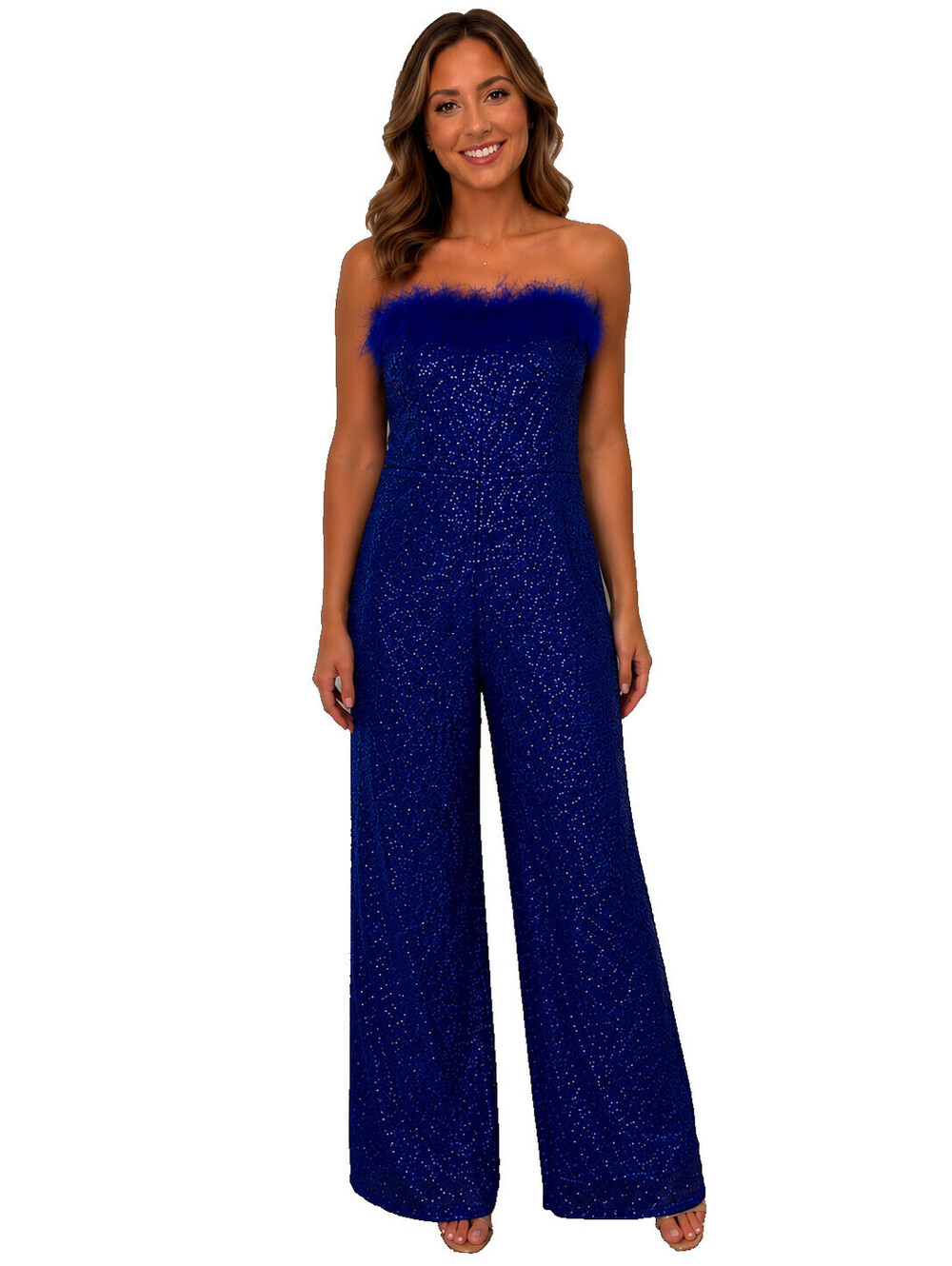Lulus Blue Sequin Strapless Feather Trim Jumpsuit Wide Leg NWT Large Glam